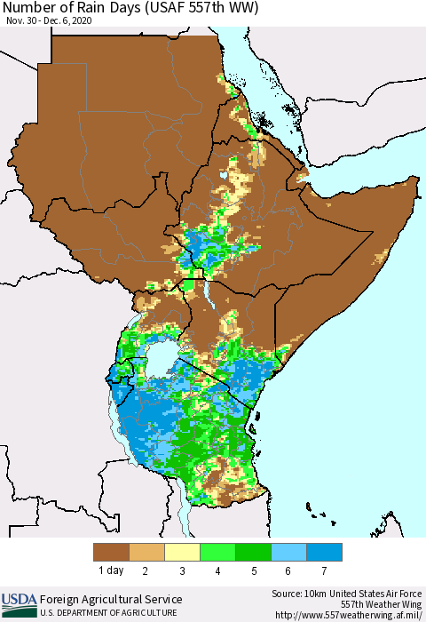 Eastern Africa Number of Rain Days (USAF 557th WW) Thematic Map For 11/30/2020 - 12/6/2020