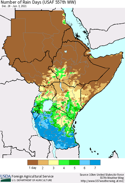 Eastern Africa Number of Rain Days (USAF 557th WW) Thematic Map For 12/28/2020 - 1/3/2021