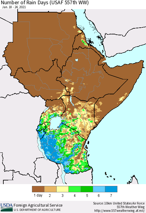Eastern Africa Number of Rain Days (USAF 557th WW) Thematic Map For 1/18/2021 - 1/24/2021