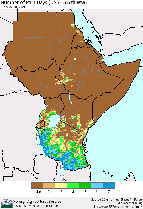 Eastern Africa Number of Rain Days (USAF 557th WW) Thematic Map For 1/25/2021 - 1/31/2021