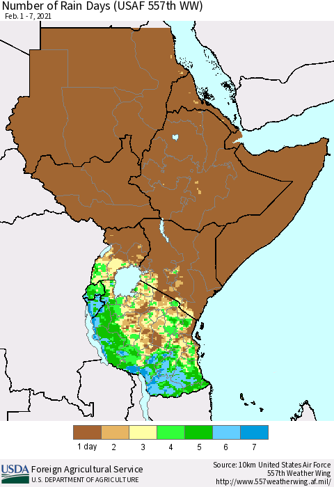 Eastern Africa Number of Rain Days (USAF 557th WW) Thematic Map For 2/1/2021 - 2/7/2021