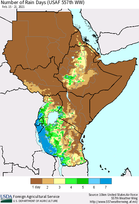Eastern Africa Number of Rain Days (USAF 557th WW) Thematic Map For 2/15/2021 - 2/21/2021