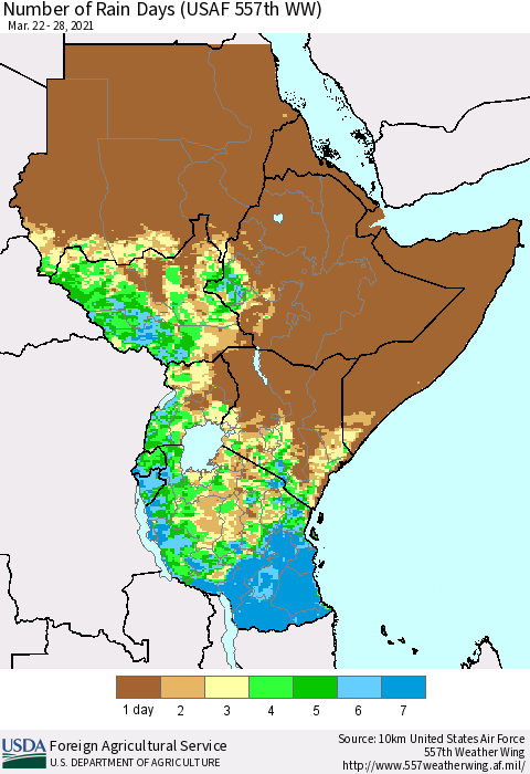 Eastern Africa Number of Rain Days (USAF 557th WW) Thematic Map For 3/22/2021 - 3/28/2021