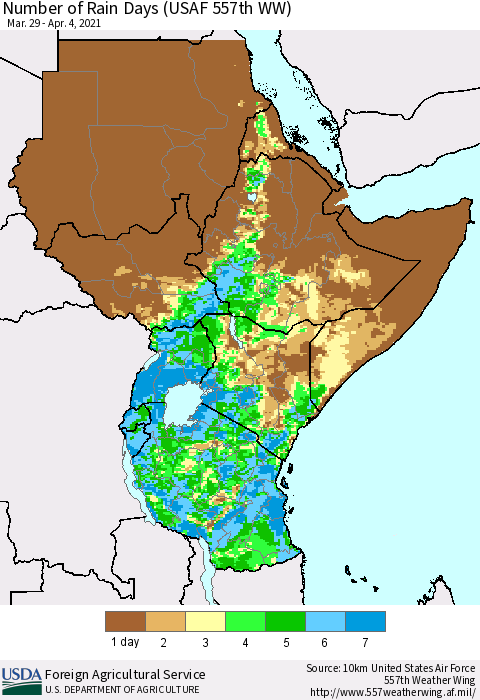 Eastern Africa Number of Rain Days (USAF 557th WW) Thematic Map For 3/29/2021 - 4/4/2021