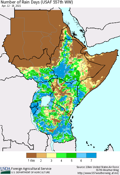 Eastern Africa Number of Rain Days (USAF 557th WW) Thematic Map For 4/12/2021 - 4/18/2021