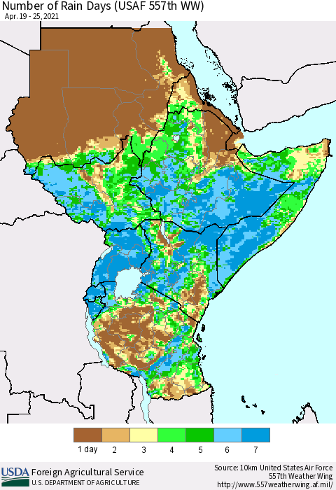 Eastern Africa Number of Rain Days (USAF 557th WW) Thematic Map For 4/19/2021 - 4/25/2021