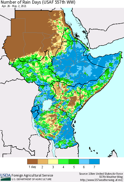 Eastern Africa Number of Rain Days (USAF 557th WW) Thematic Map For 4/26/2021 - 5/2/2021