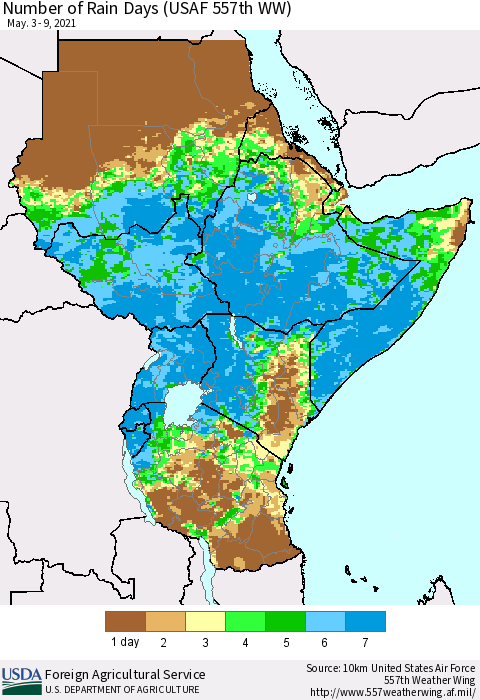 Eastern Africa Number of Rain Days (USAF 557th WW) Thematic Map For 5/3/2021 - 5/9/2021
