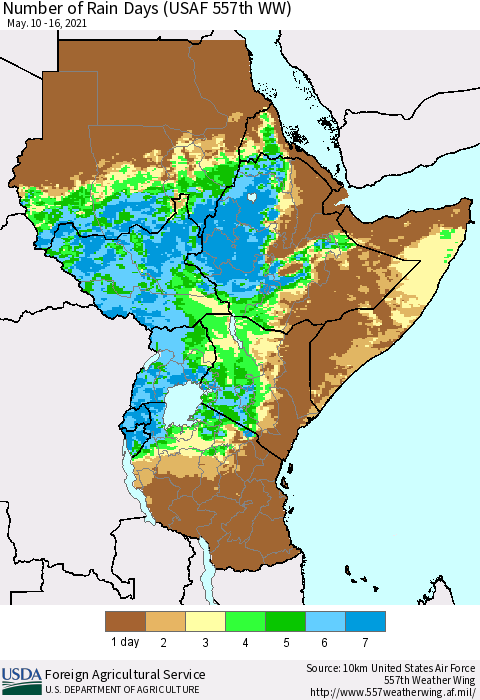 Eastern Africa Number of Rain Days (USAF 557th WW) Thematic Map For 5/10/2021 - 5/16/2021
