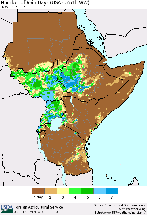Eastern Africa Number of Rain Days (USAF 557th WW) Thematic Map For 5/17/2021 - 5/23/2021