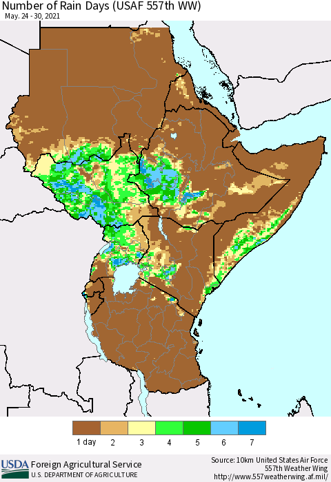 Eastern Africa Number of Rain Days (USAF 557th WW) Thematic Map For 5/24/2021 - 5/30/2021