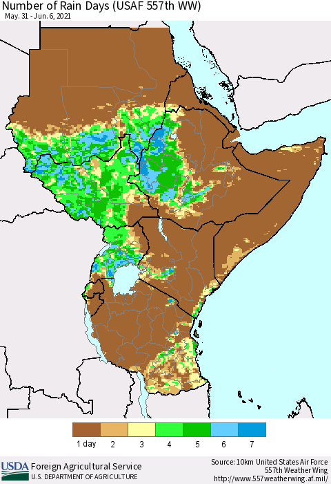 Eastern Africa Number of Rain Days (USAF 557th WW) Thematic Map For 5/31/2021 - 6/6/2021