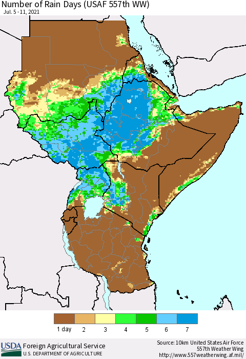 Eastern Africa Number of Rain Days (USAF 557th WW) Thematic Map For 7/5/2021 - 7/11/2021