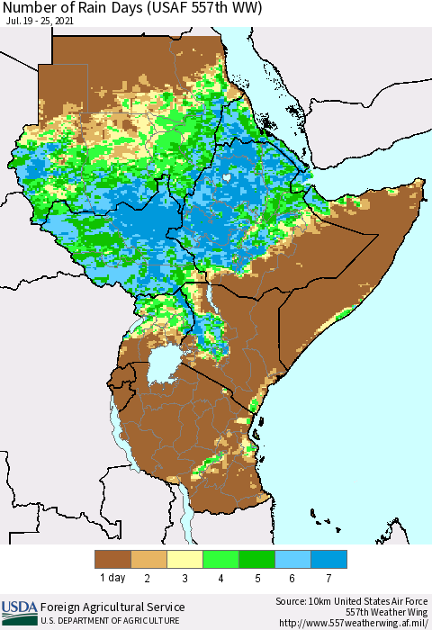 Eastern Africa Number of Rain Days (USAF 557th WW) Thematic Map For 7/19/2021 - 7/25/2021