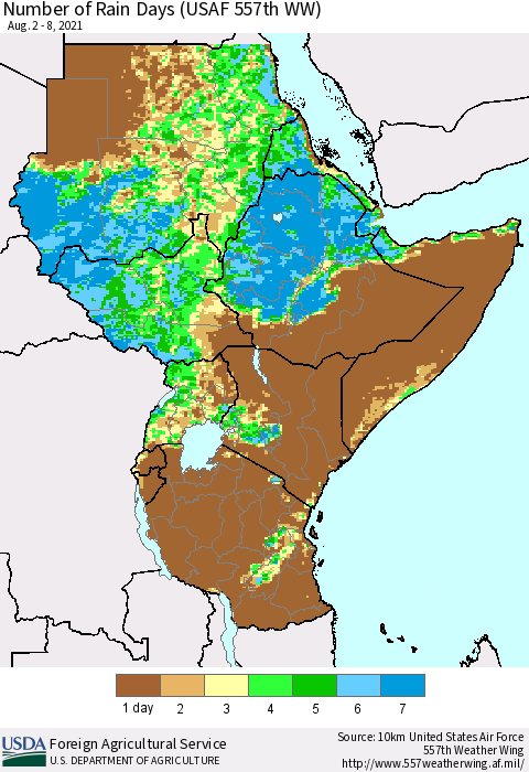 Eastern Africa Number of Rain Days (USAF 557th WW) Thematic Map For 8/2/2021 - 8/8/2021