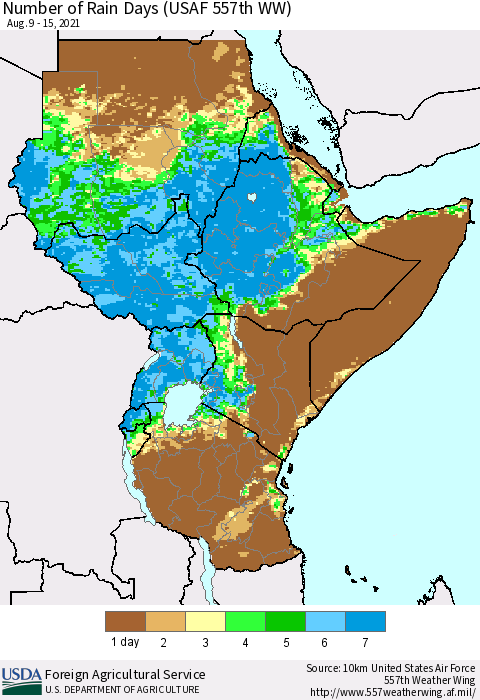 Eastern Africa Number of Rain Days (USAF 557th WW) Thematic Map For 8/9/2021 - 8/15/2021