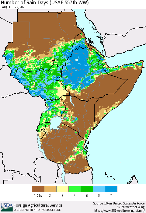 Eastern Africa Number of Rain Days (USAF 557th WW) Thematic Map For 8/16/2021 - 8/22/2021