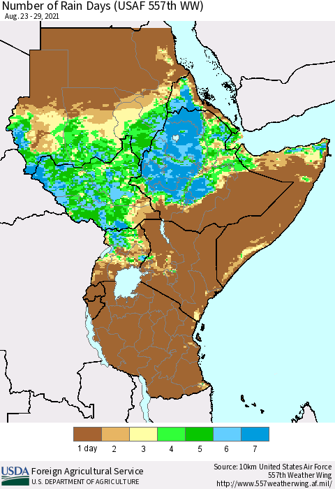 Eastern Africa Number of Rain Days (USAF 557th WW) Thematic Map For 8/23/2021 - 8/29/2021