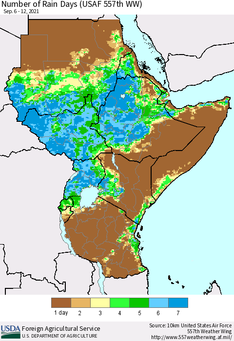 Eastern Africa Number of Rain Days (USAF 557th WW) Thematic Map For 9/6/2021 - 9/12/2021