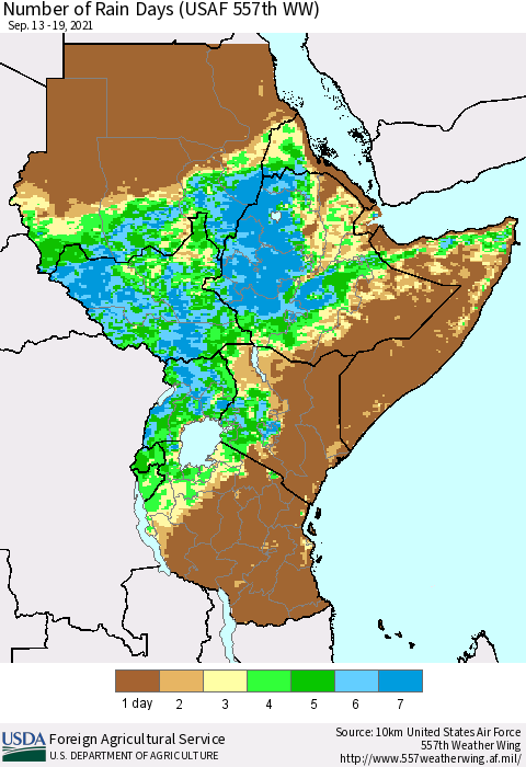 Eastern Africa Number of Rain Days (USAF 557th WW) Thematic Map For 9/13/2021 - 9/19/2021