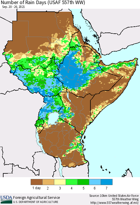 Eastern Africa Number of Rain Days (USAF 557th WW) Thematic Map For 9/20/2021 - 9/26/2021