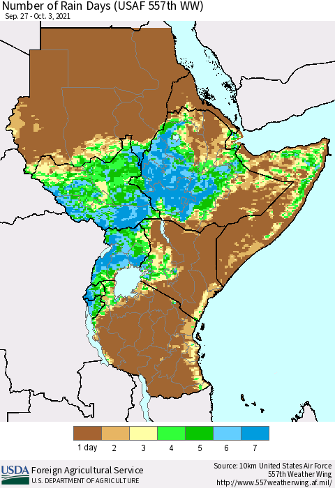 Eastern Africa Number of Rain Days (USAF 557th WW) Thematic Map For 9/27/2021 - 10/3/2021