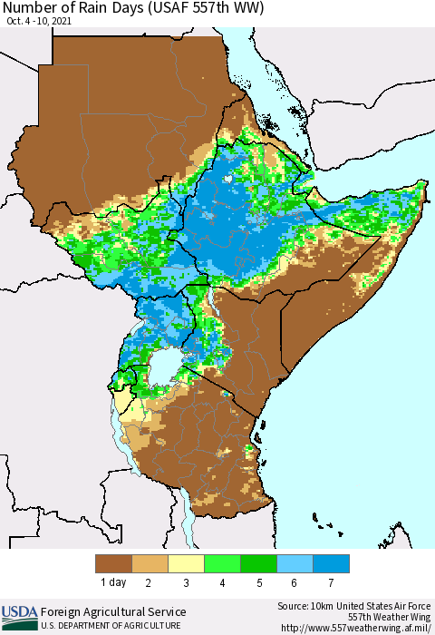 Eastern Africa Number of Rain Days (USAF 557th WW) Thematic Map For 10/4/2021 - 10/10/2021