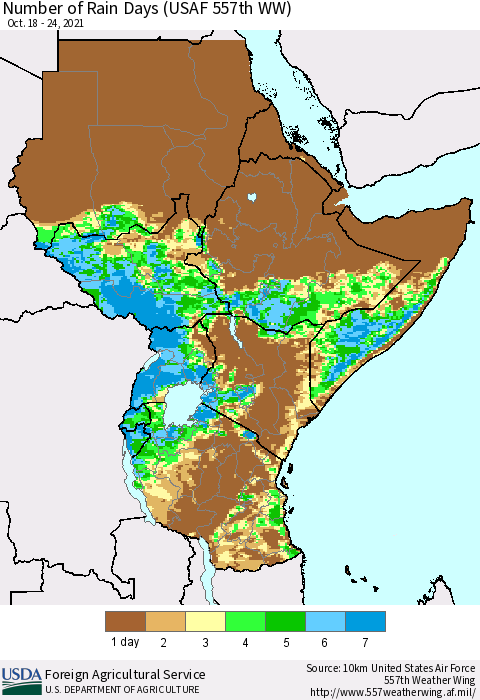 Eastern Africa Number of Rain Days (USAF 557th WW) Thematic Map For 10/18/2021 - 10/24/2021