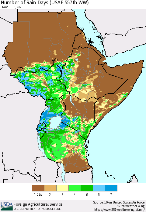 Eastern Africa Number of Rain Days (USAF 557th WW) Thematic Map For 11/1/2021 - 11/7/2021