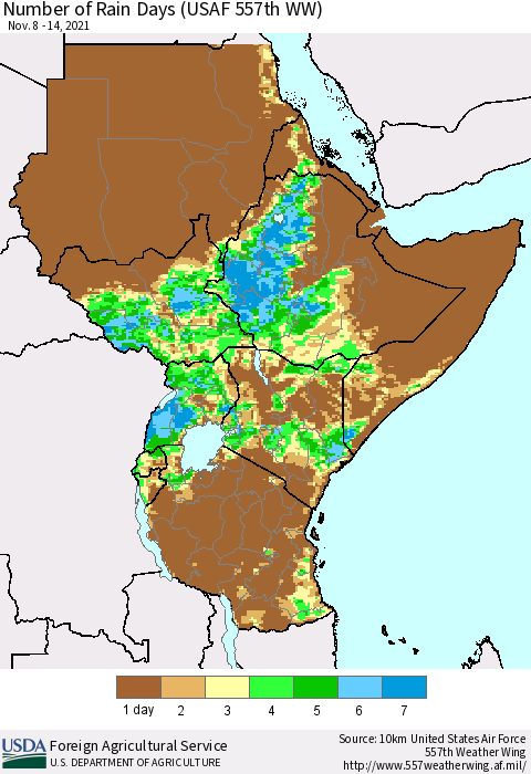 Eastern Africa Number of Rain Days (USAF 557th WW) Thematic Map For 11/8/2021 - 11/14/2021
