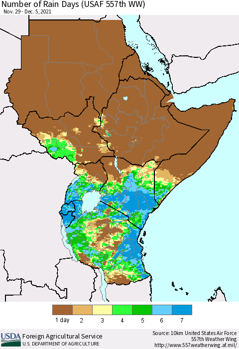 Eastern Africa Number of Rain Days (USAF 557th WW) Thematic Map For 11/29/2021 - 12/5/2021