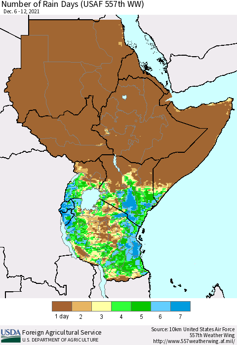 Eastern Africa Number of Rain Days (USAF 557th WW) Thematic Map For 12/6/2021 - 12/12/2021