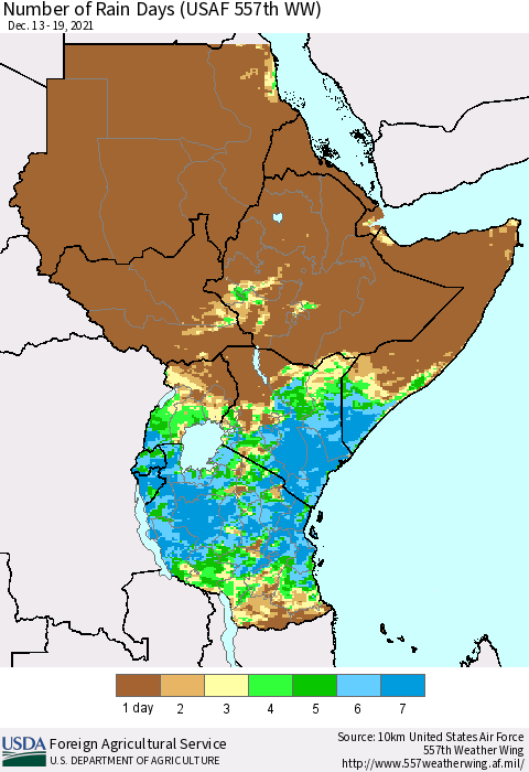 Eastern Africa Number of Rain Days (USAF 557th WW) Thematic Map For 12/13/2021 - 12/19/2021