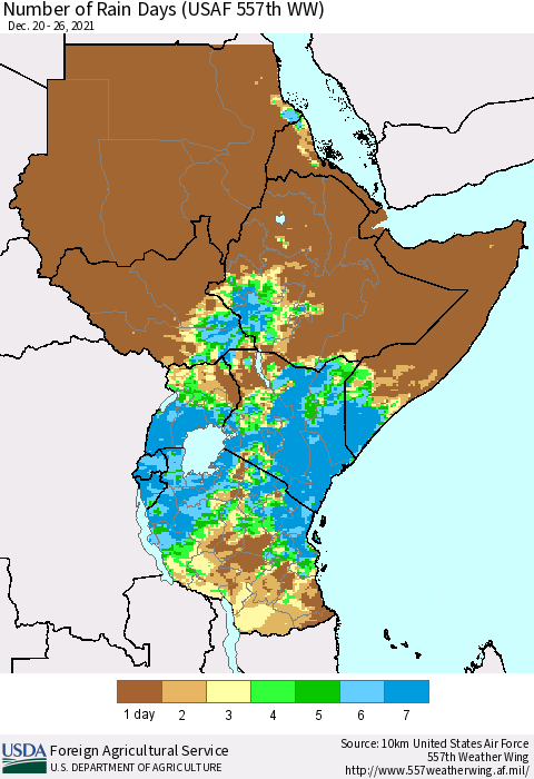 Eastern Africa Number of Rain Days (USAF 557th WW) Thematic Map For 12/20/2021 - 12/26/2021