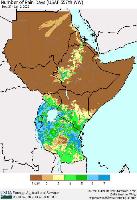 Eastern Africa Number of Rain Days (USAF 557th WW) Thematic Map For 12/27/2021 - 1/2/2022
