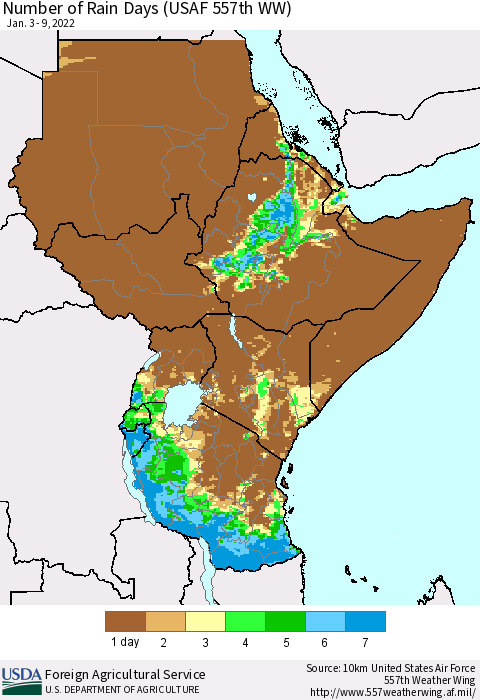Eastern Africa Number of Rain Days (USAF 557th WW) Thematic Map For 1/3/2022 - 1/9/2022