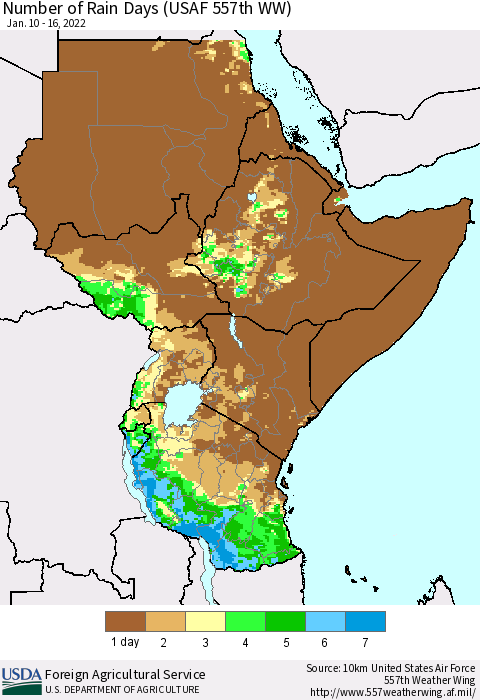 Eastern Africa Number of Rain Days (USAF 557th WW) Thematic Map For 1/10/2022 - 1/16/2022
