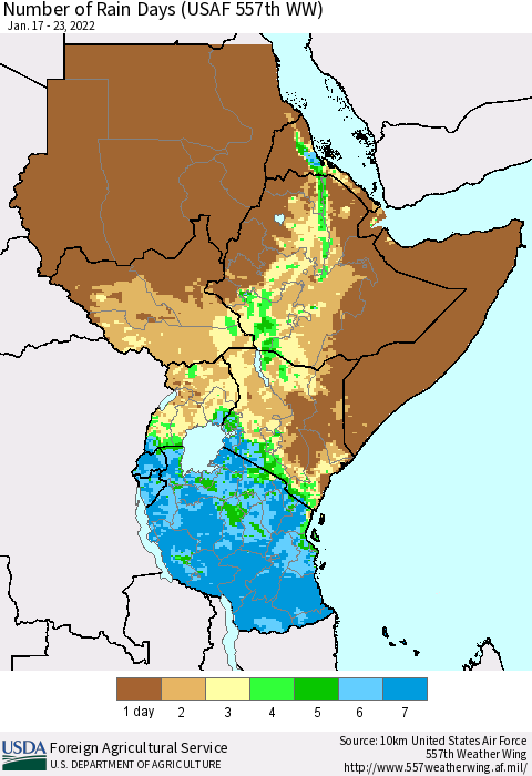 Eastern Africa Number of Rain Days (USAF 557th WW) Thematic Map For 1/17/2022 - 1/23/2022
