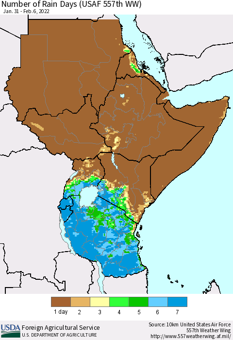 Eastern Africa Number of Rain Days (USAF 557th WW) Thematic Map For 1/31/2022 - 2/6/2022