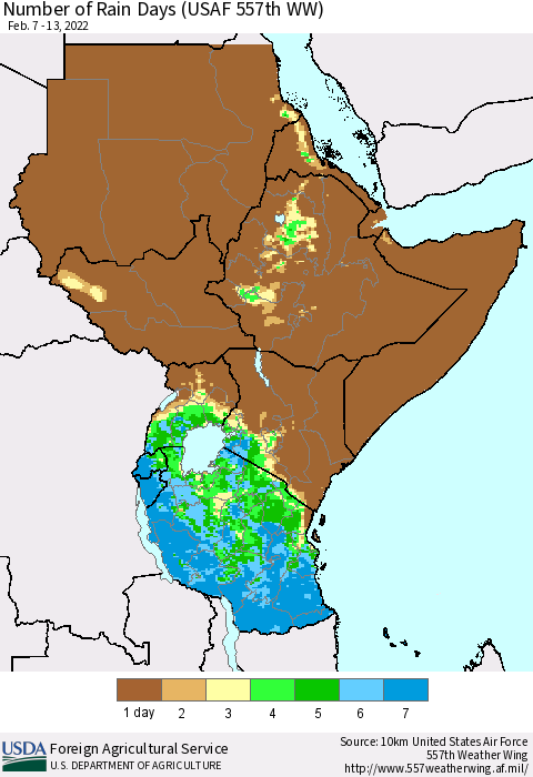 Eastern Africa Number of Rain Days (USAF 557th WW) Thematic Map For 2/7/2022 - 2/13/2022