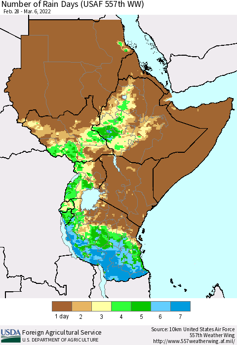 Eastern Africa Number of Rain Days (USAF 557th WW) Thematic Map For 2/28/2022 - 3/6/2022