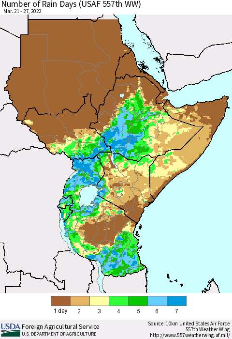 Eastern Africa Number of Rain Days (USAF 557th WW) Thematic Map For 3/21/2022 - 3/27/2022