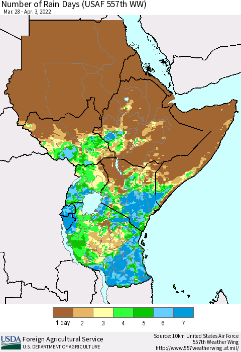 Eastern Africa Number of Rain Days (USAF 557th WW) Thematic Map For 3/28/2022 - 4/3/2022