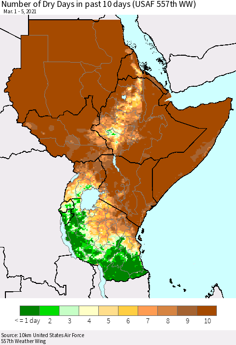 Eastern Africa Number of Dry Days in past 10 days (USAF 557th WW) Thematic Map For 3/1/2021 - 3/5/2021