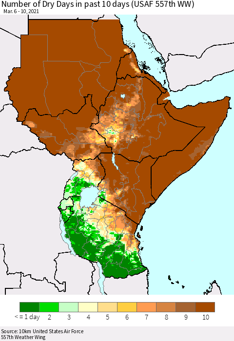 Eastern Africa Number of Dry Days in past 10 days (USAF 557th WW) Thematic Map For 3/6/2021 - 3/10/2021