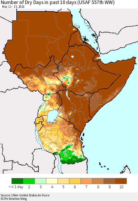 Eastern Africa Number of Dry Days in past 10 days (USAF 557th WW) Thematic Map For 3/11/2021 - 3/15/2021