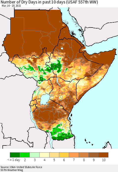 Eastern Africa Number of Dry Days in past 10 days (USAF 557th WW) Thematic Map For 3/16/2021 - 3/20/2021