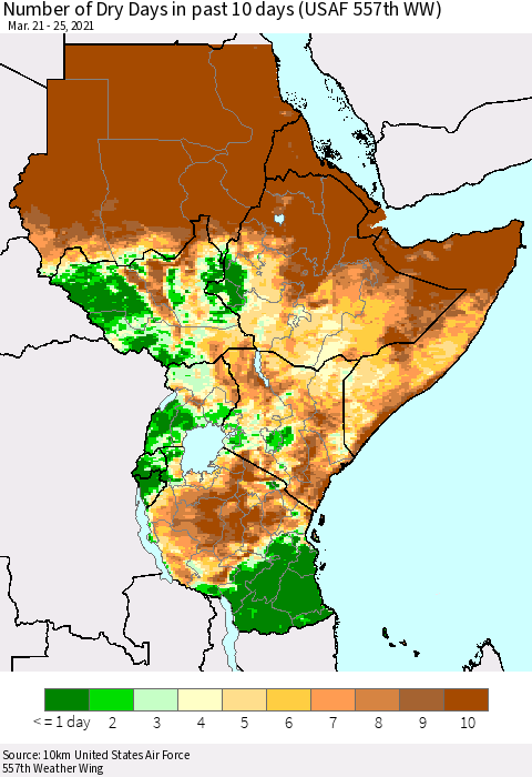 Eastern Africa Number of Dry Days in past 10 days (USAF 557th WW) Thematic Map For 3/21/2021 - 3/25/2021