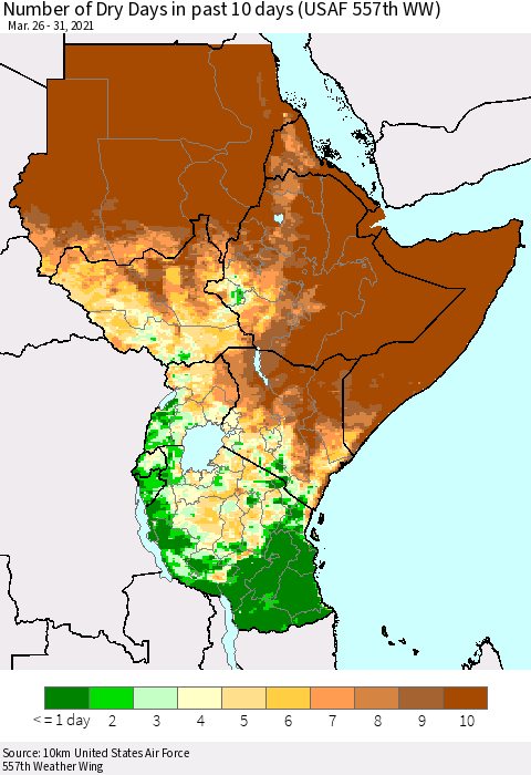 Eastern Africa Number of Dry Days in past 10 days (USAF 557th WW) Thematic Map For 3/26/2021 - 3/31/2021