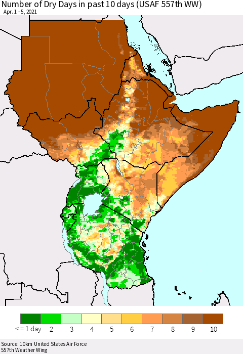 Eastern Africa Number of Dry Days in past 10 days (USAF 557th WW) Thematic Map For 4/1/2021 - 4/5/2021